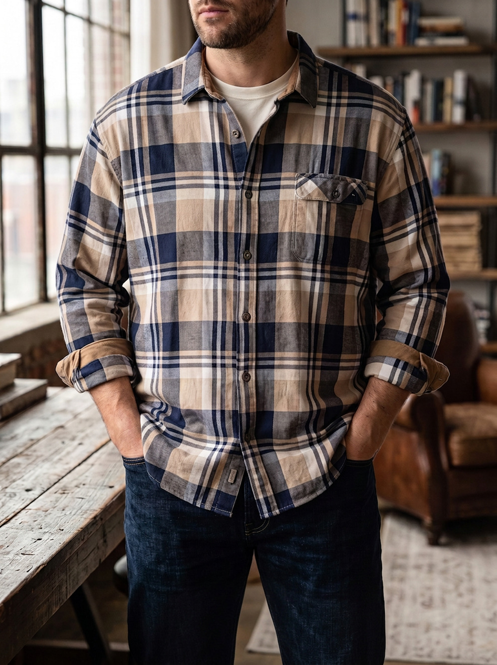 Legendary Whitetails Men's 2XL Buck Camp Flannel Shirt 6464 Beige Navy Plaid